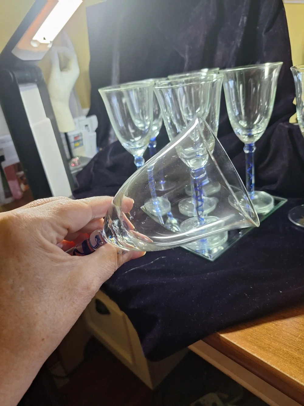 Blue Stem Crystal Wine Glasses - Set of 8